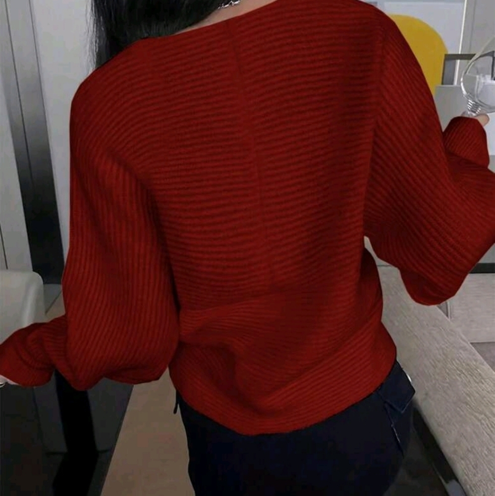 Women's Fall Solid Color V-Neck Long Sleeve Casual Sweater - Picture 2 of 6
